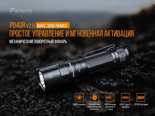 Ручний ліхтар Fenix PD40R V2.0 3000 лм  Чорний фото